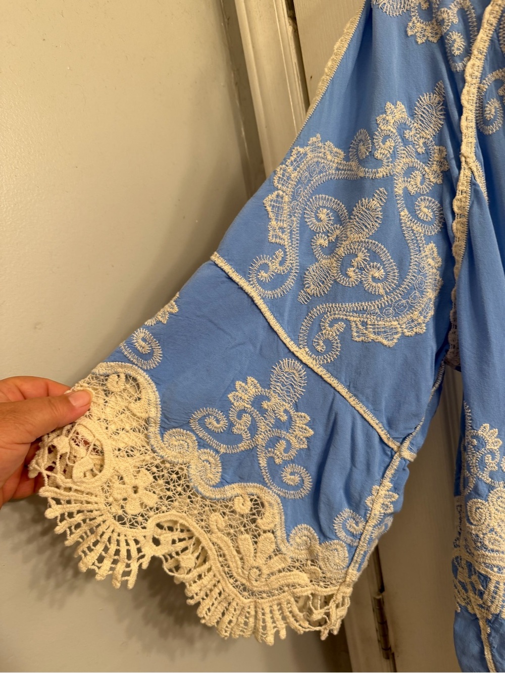 Democracy Light Blue Boho Tunic with Cream Crochet Trim plus size BoHo, romantic - Picture 5 of 9